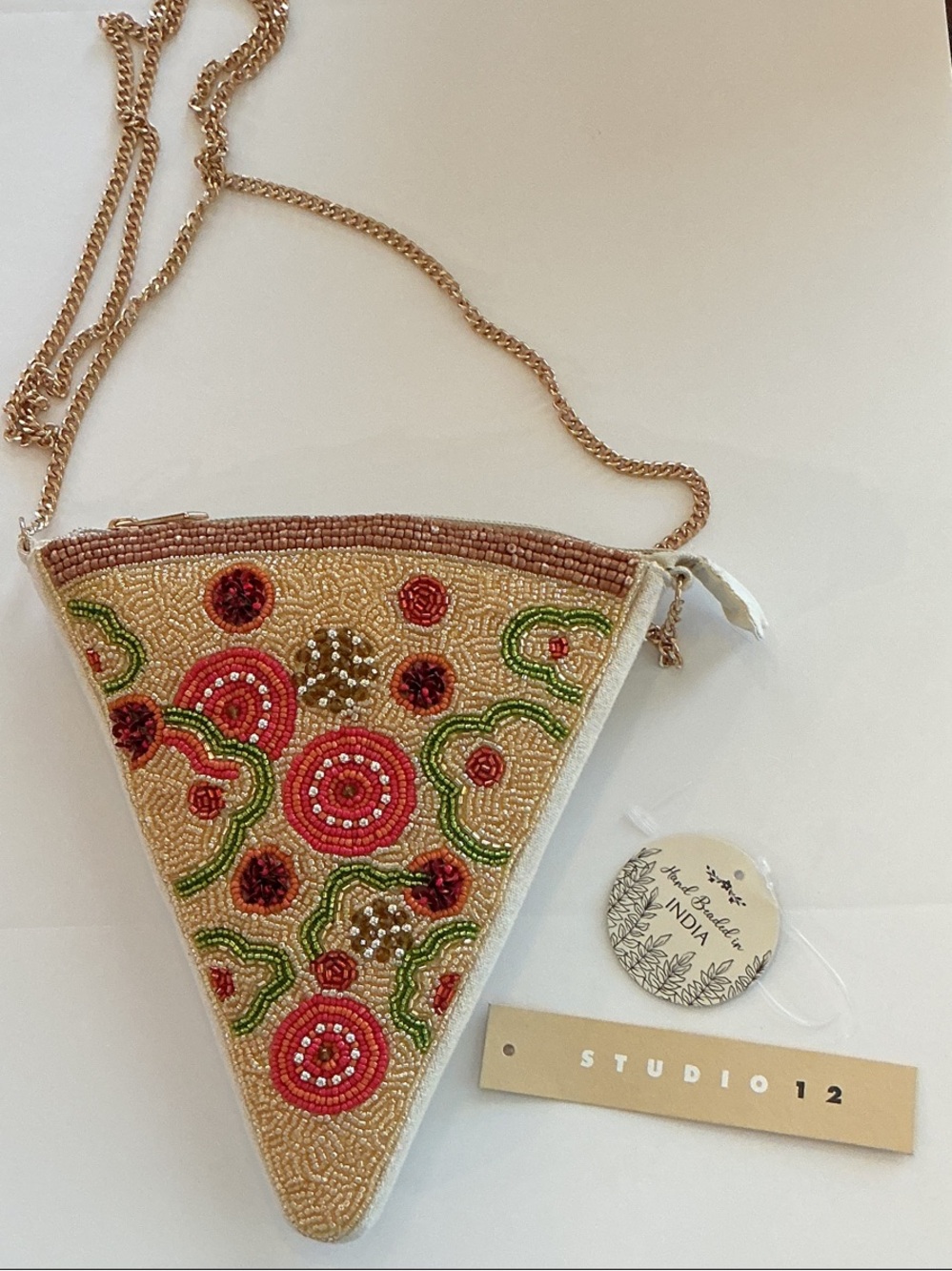 * NWT Hand Beaded Pizza Slice Crossbody Bag with Gold Chain Strap